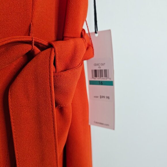 NWT CALVIN KLEIN Faux Wrap Dress ORANGE CLAY size 16 Ruffle Hem Short Sleeves - Picture 5 of 11